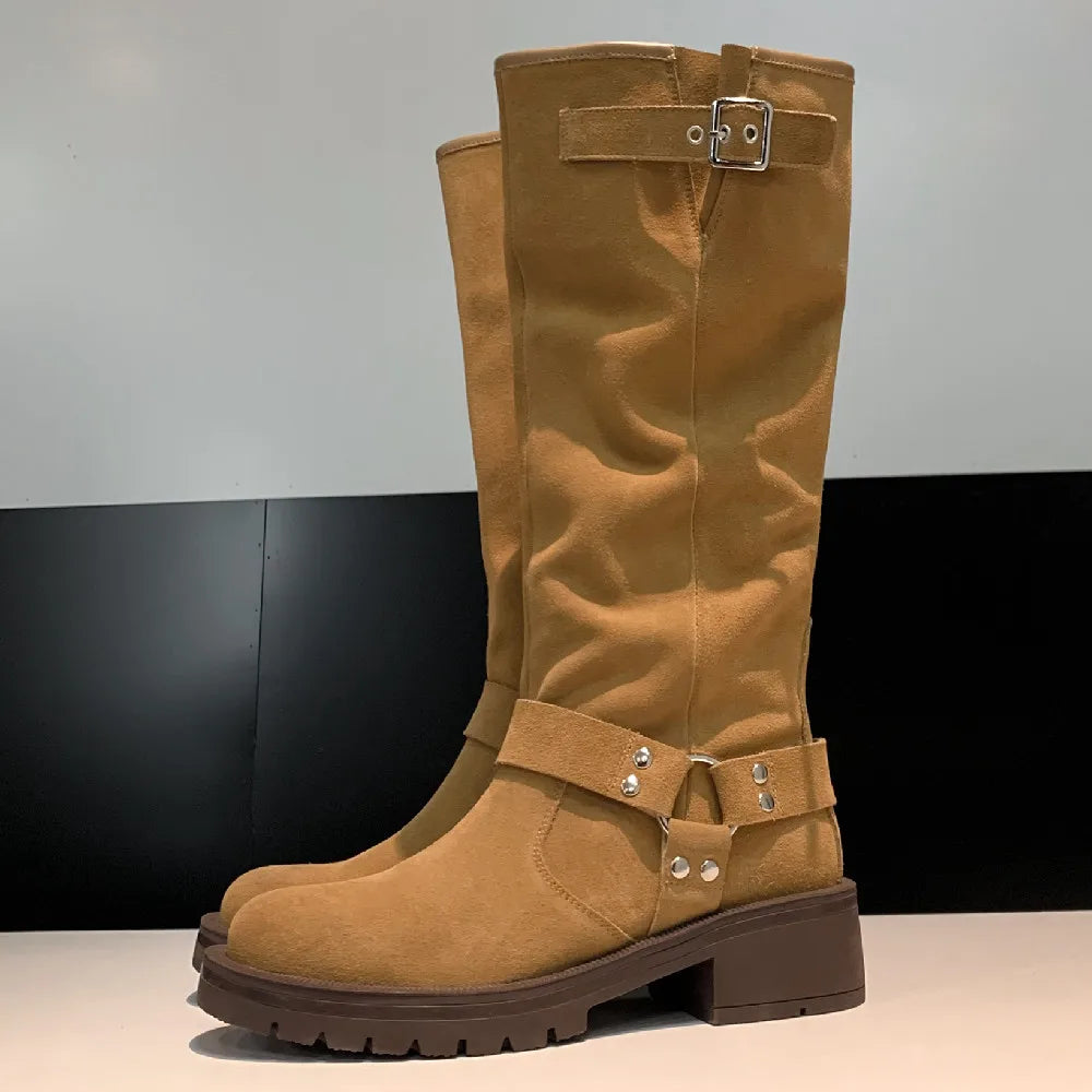 Natural Suede Leather Slipon Autumn Knee High Boots Thick Sole Platform Flats Winter Long Boots Metal Buckle Punk Shoes