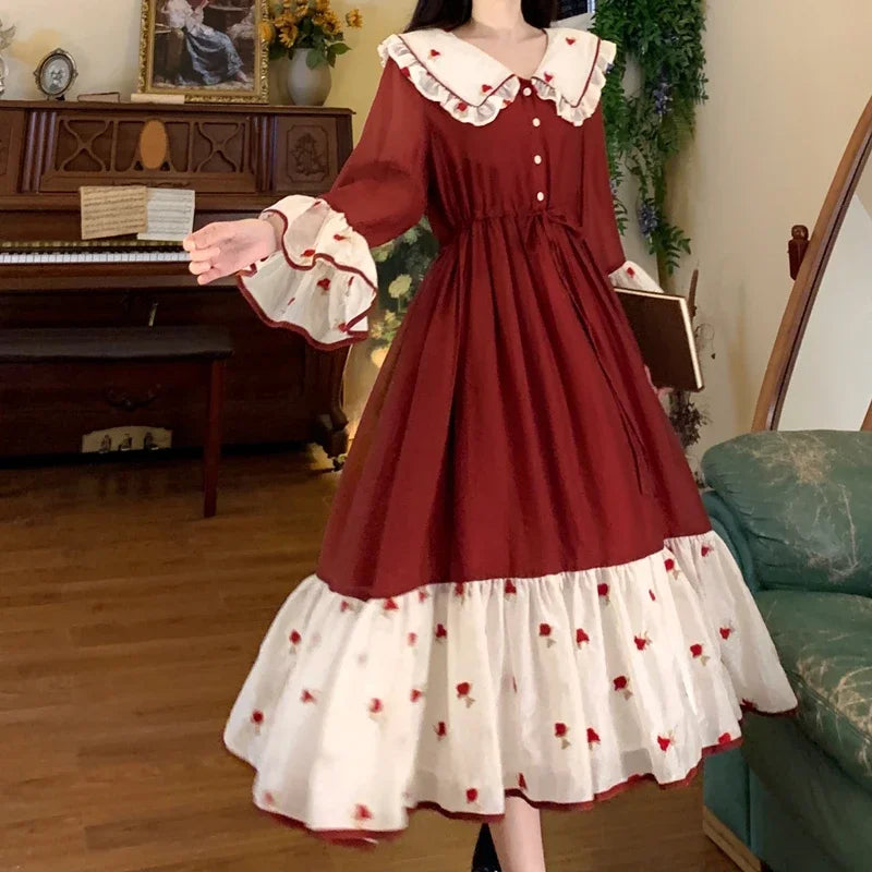 Heavy Industry Embroidery Splicing Contrasting Color Princess Dress Female Doll Collar College Style Sweet Long Dress for