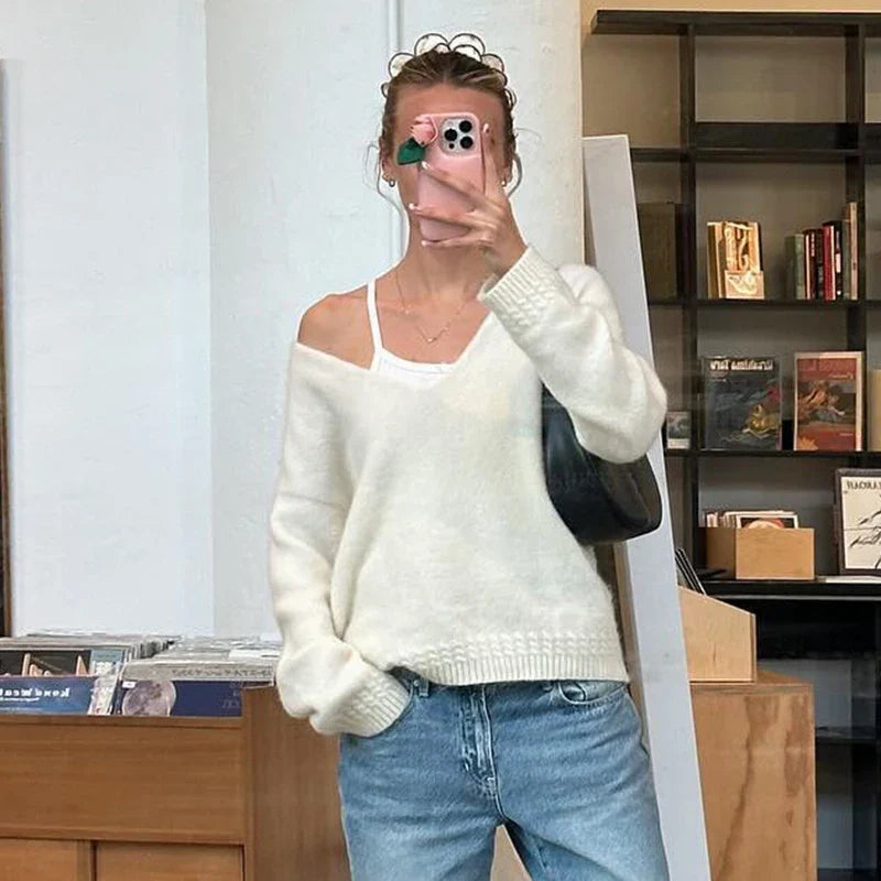V-neck Sweater Simple All-match Cable-knit Knitwear Pullovers Fall Clothes Loose Fit Tops