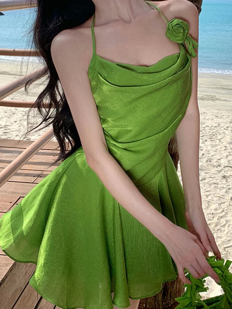 Sweet Green Mini Dress for Halter Sleeveless Party Dresses Summer Holiday Pleated Aline Short Vestidos Mujer