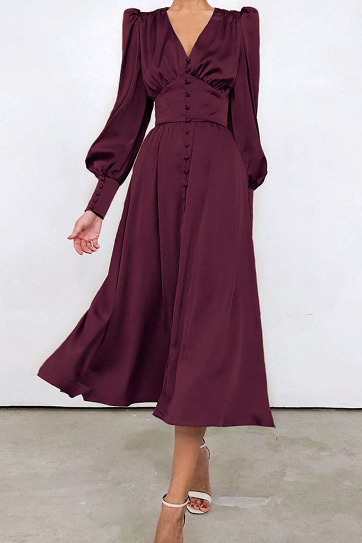 Satin Puff Sleeve Single-breasted Midi Dress