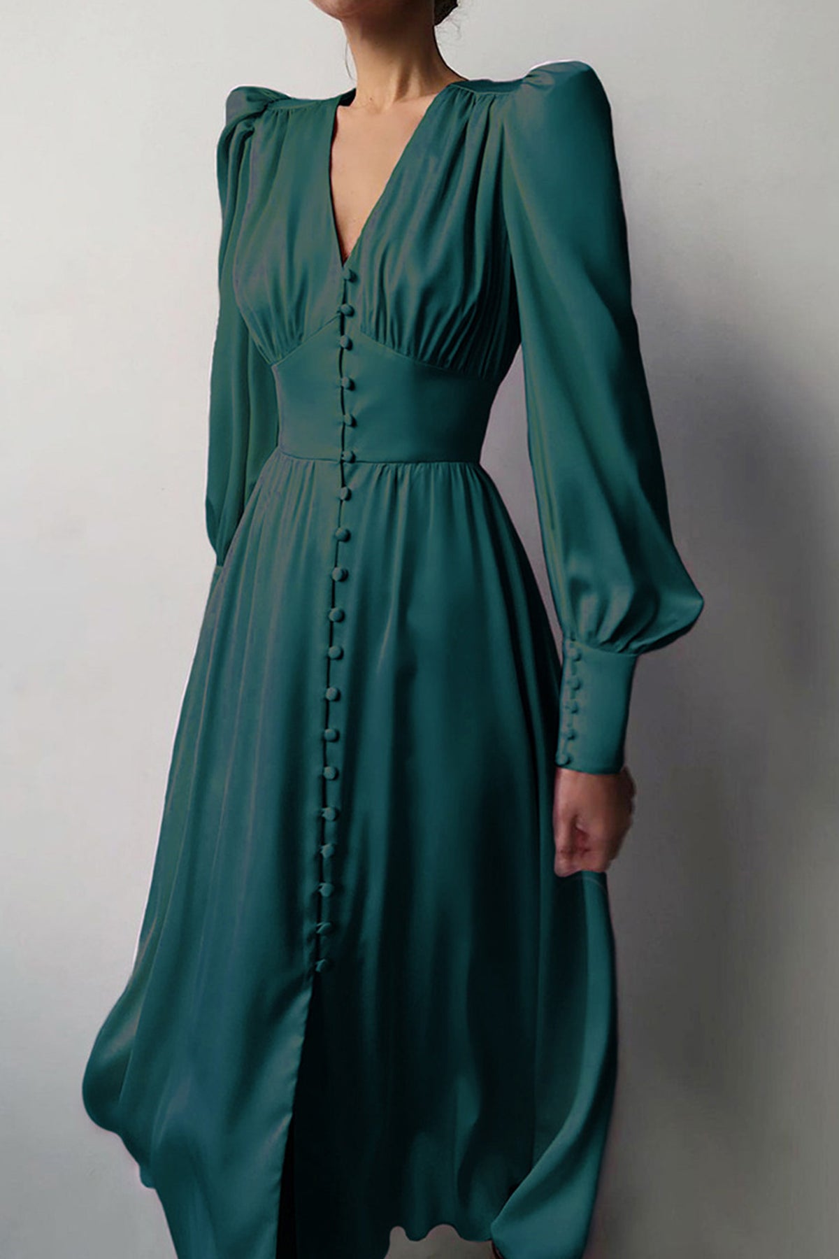 Satin Puff Sleeve Single-breasted Midi Dress