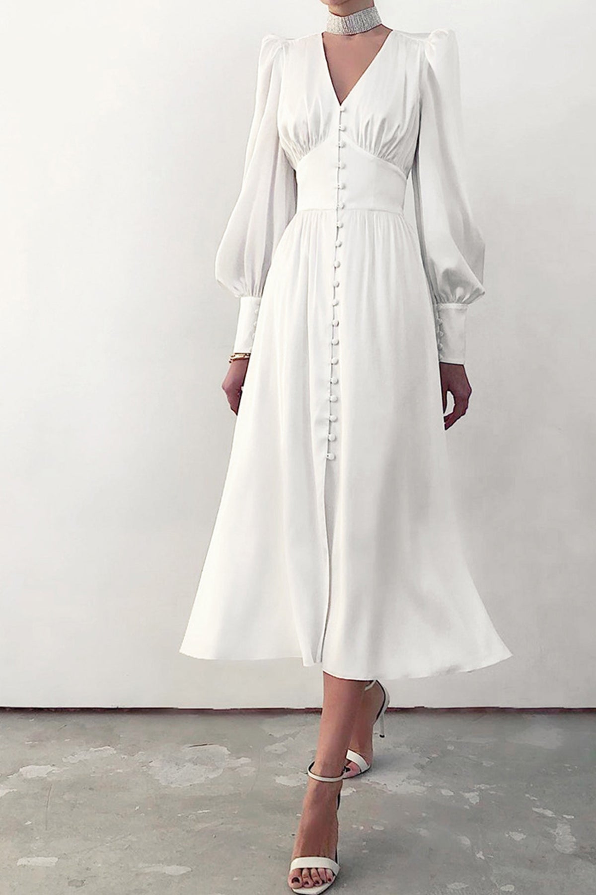 Satin Puff Sleeve Single-breasted Midi Dress