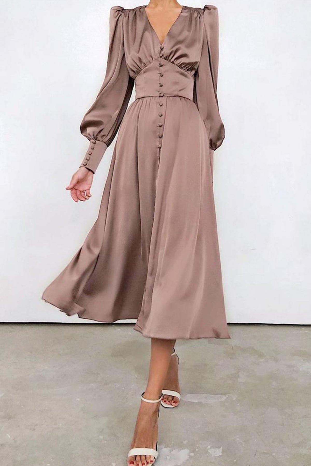 Satin Puff Sleeve Single-breasted Midi Dress