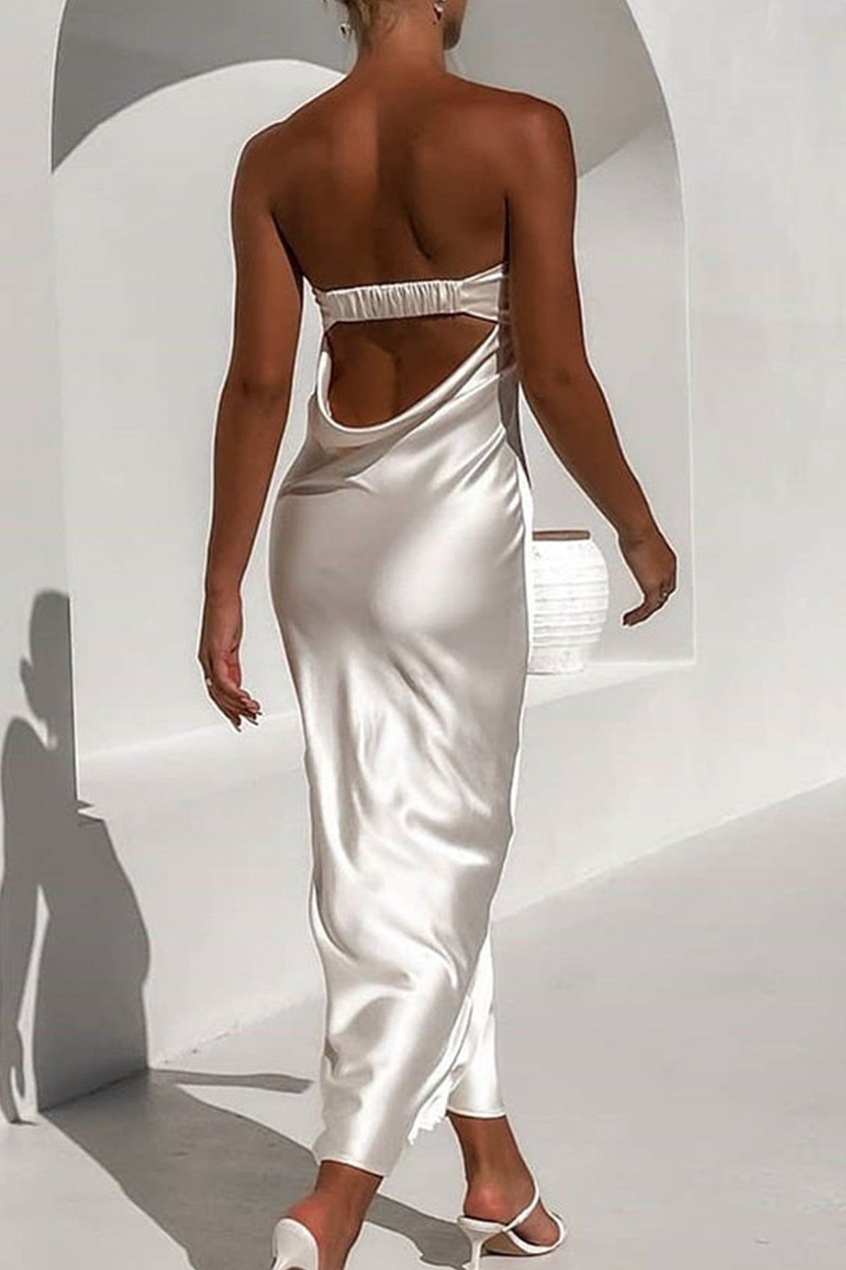 Satin Color Strapless Midi Dress