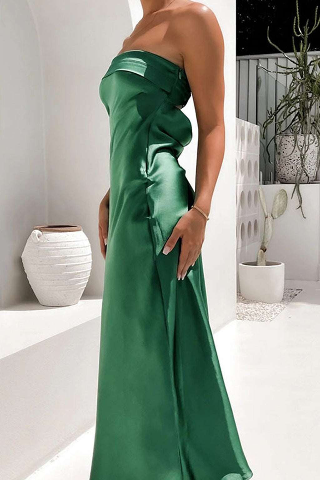 Satin Color Strapless Midi Dress