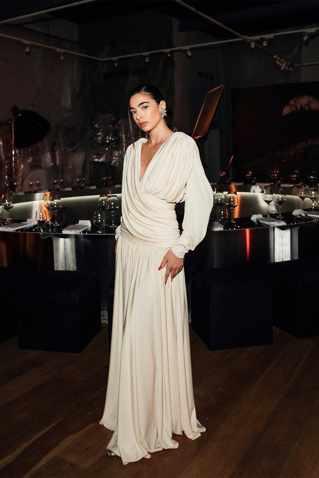 Venus Cross Draped Backless Maxi Dress