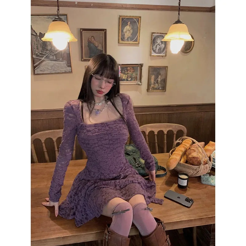 Harajuku Gothic Black Lace Dress Y2k Purple Mini Dress Bodycon Party Dresses Korean Aesthetic