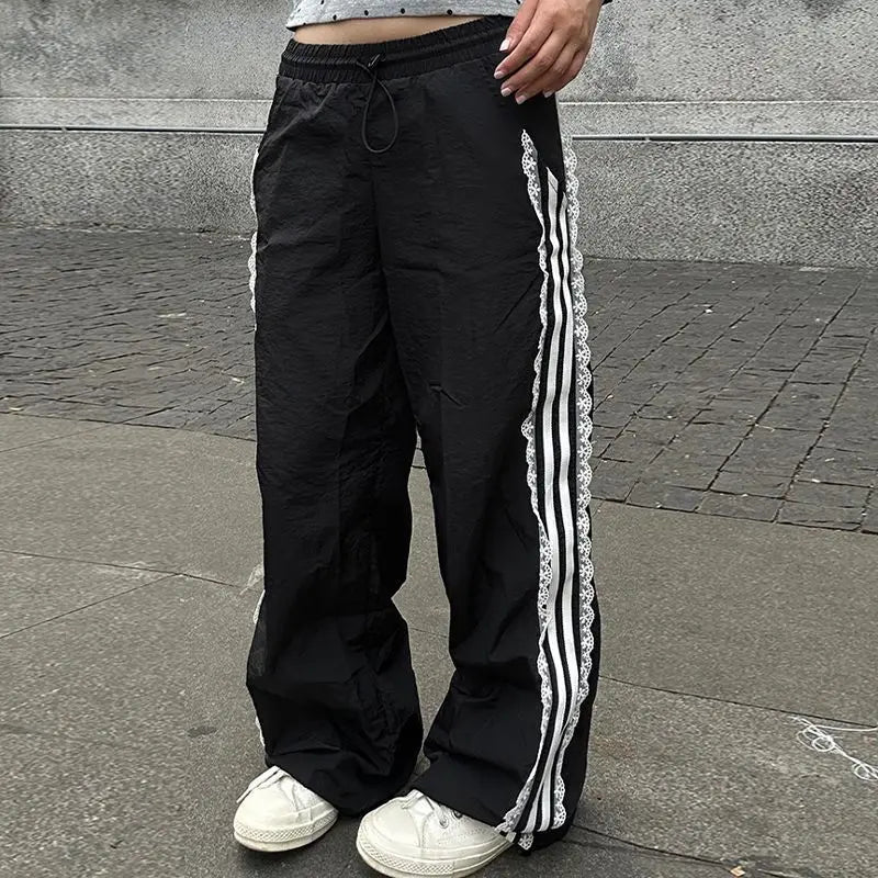 Coquette Sweatpants Summer Y2k Lace Stripe Patchwork Elastic Waist Sports Pants Trousers