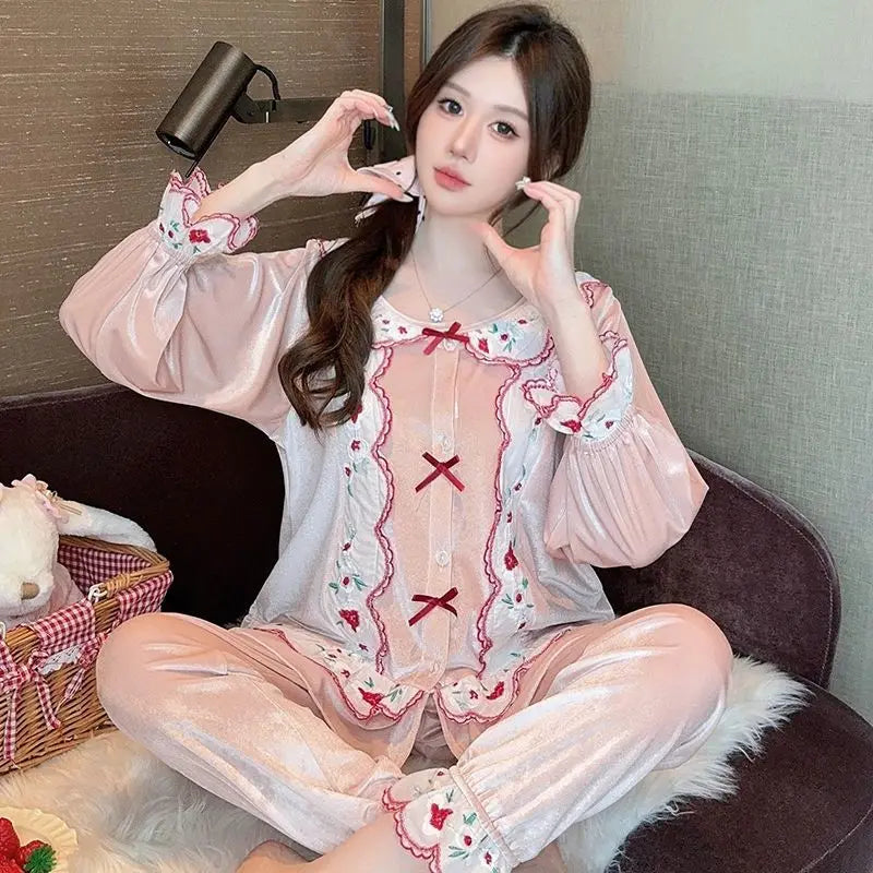 Golden Velvet Pajamas Spring Autumn Long Sleeve Cardigan Long Pants New Chinese Home Two Piece Set