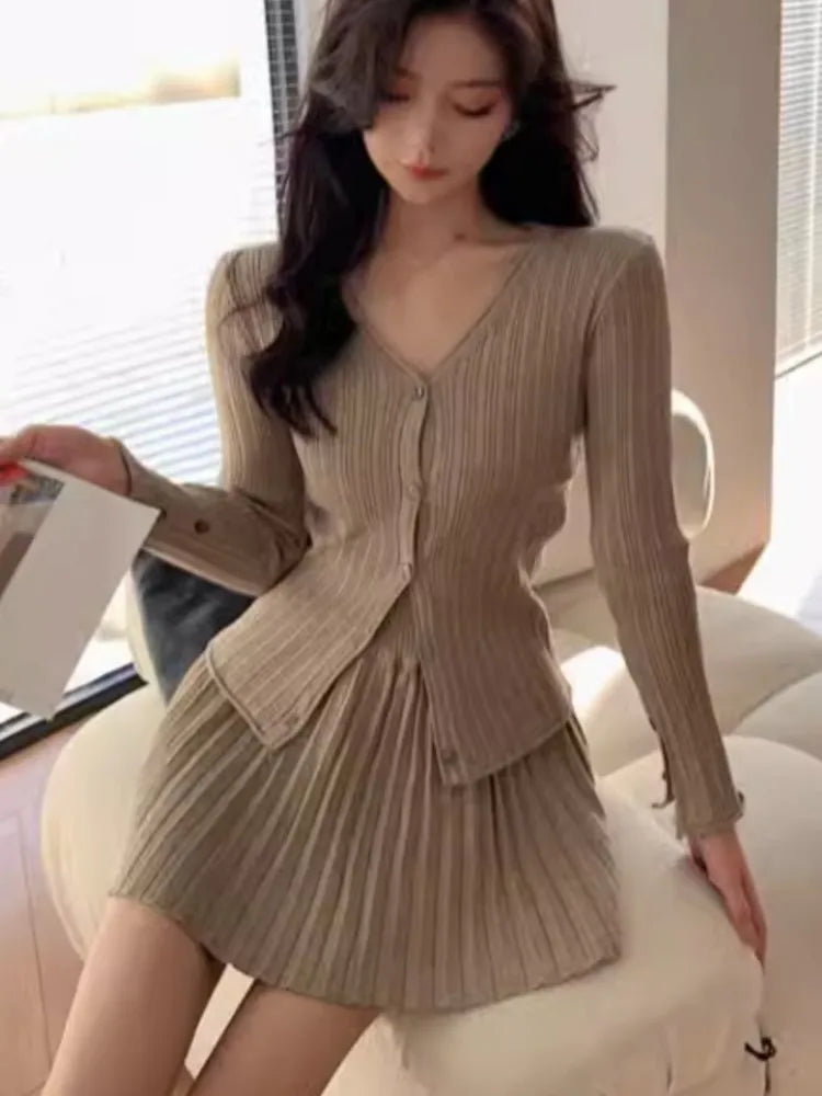 Autumn Y2k Knitted 2-piece Skirt Set Single Breasted V-neck Cardigan Pleated Mini Skirt Korean Suit Knitting Outfits