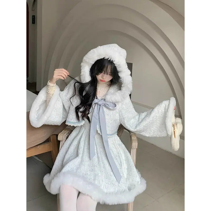 Autumn/winter New Set Sweet Girl Bow Plush Hooded Coat Slimming Aline Strap Camisole Dress Two Piece Sets Outfits