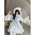 Autumn/winter New Set Sweet Girl Bow Plush Hooded Coat Slimming Aline Strap Camisole Dress Two Piece Sets Outfits