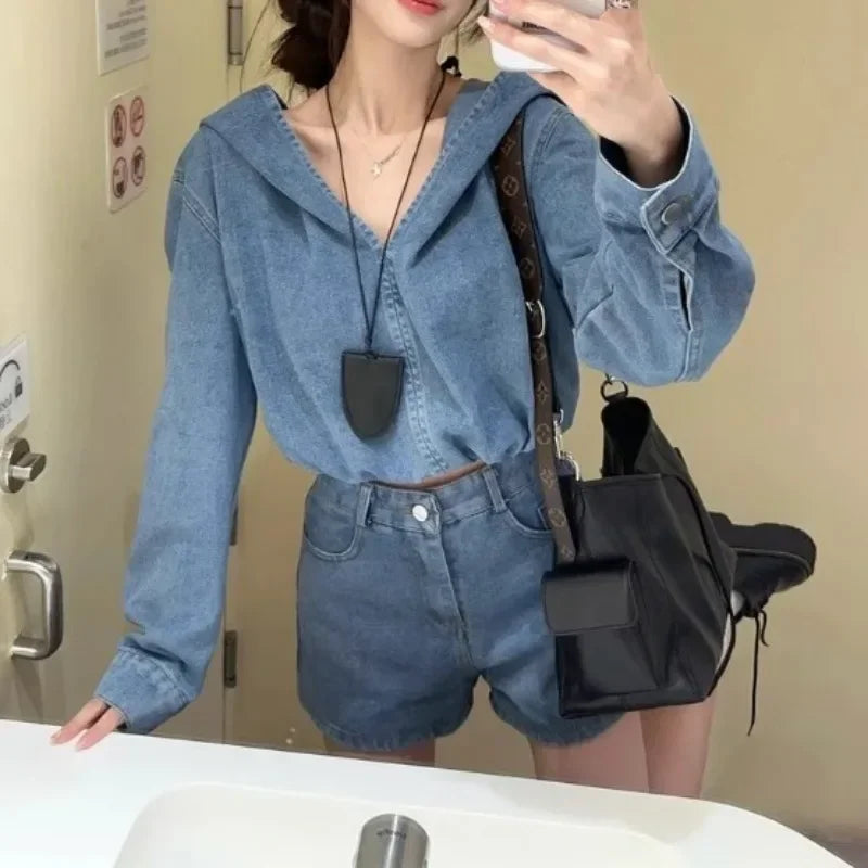 Winter New American Distressed Washed Loose Denim Hooded Longsleeved Tshirt + Straight Shorts Twopiece Suit