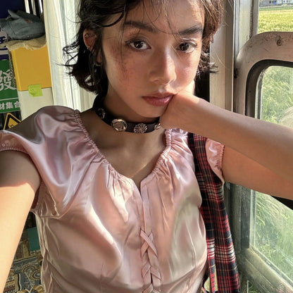 Summer American Retro Pink Pleated Hollow Lace Up Design Blouses Female Short Sleeve Shirt Top Spicy Girl Slim Short Top