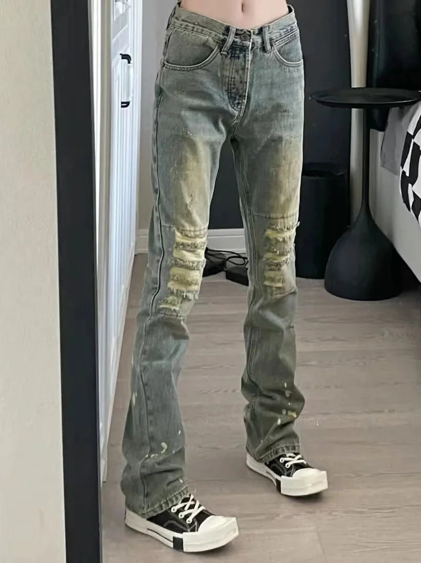 American Y2k Low Rise Jeans Laceup Design Splashed Ink Distressed Thin Versatile Popular Ripped Flared Pants