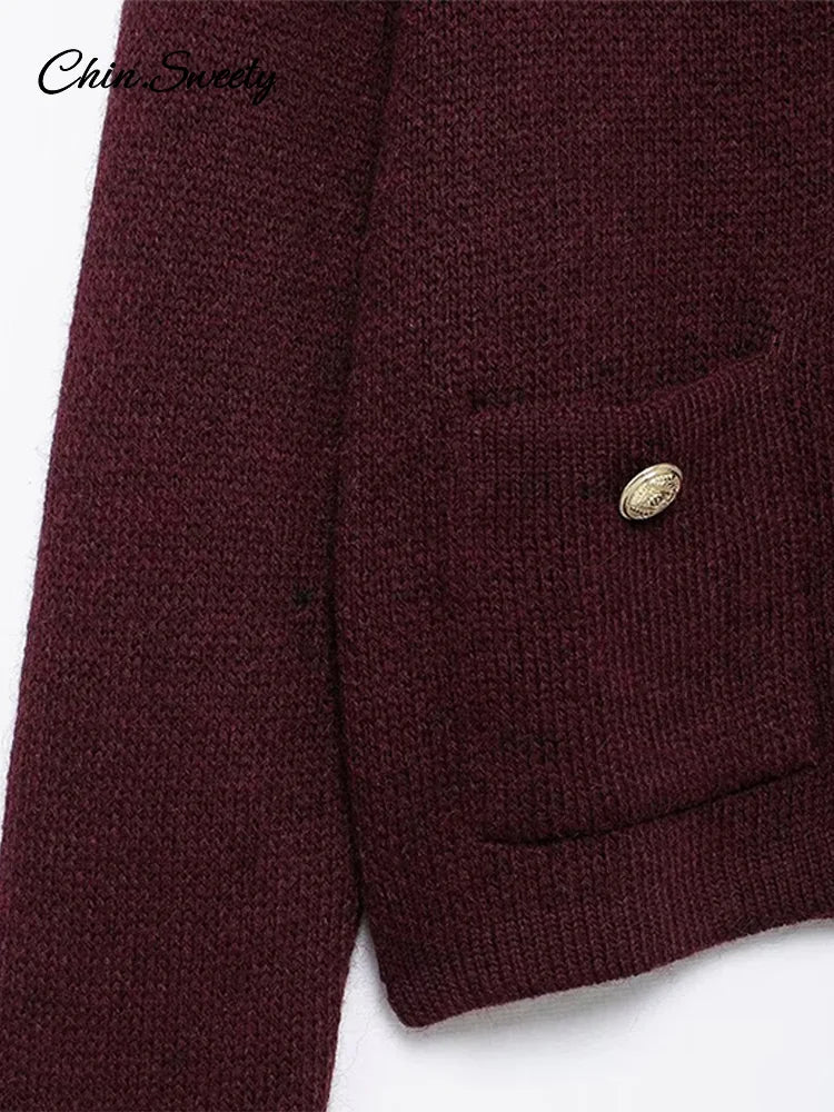 Autumn Knit Burgundy ’s Cardigans O-neck Single-breasted Long Sleeve Pocket Top Autumn Winter Lady All-match Knitwear