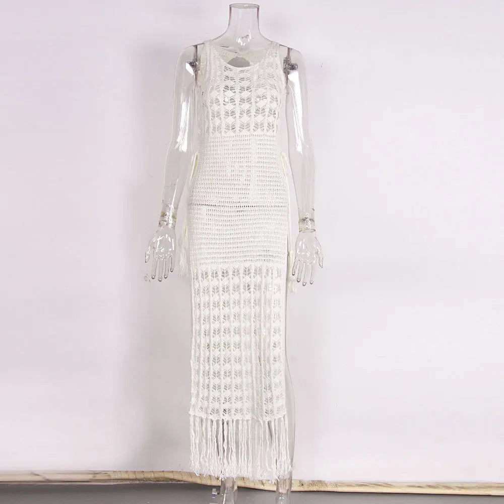 Crochet Knitted Maxi Dress Beach Cover Up Dresses Summer High Cut Tassel Dress Swimsuit Beachwear Outfits