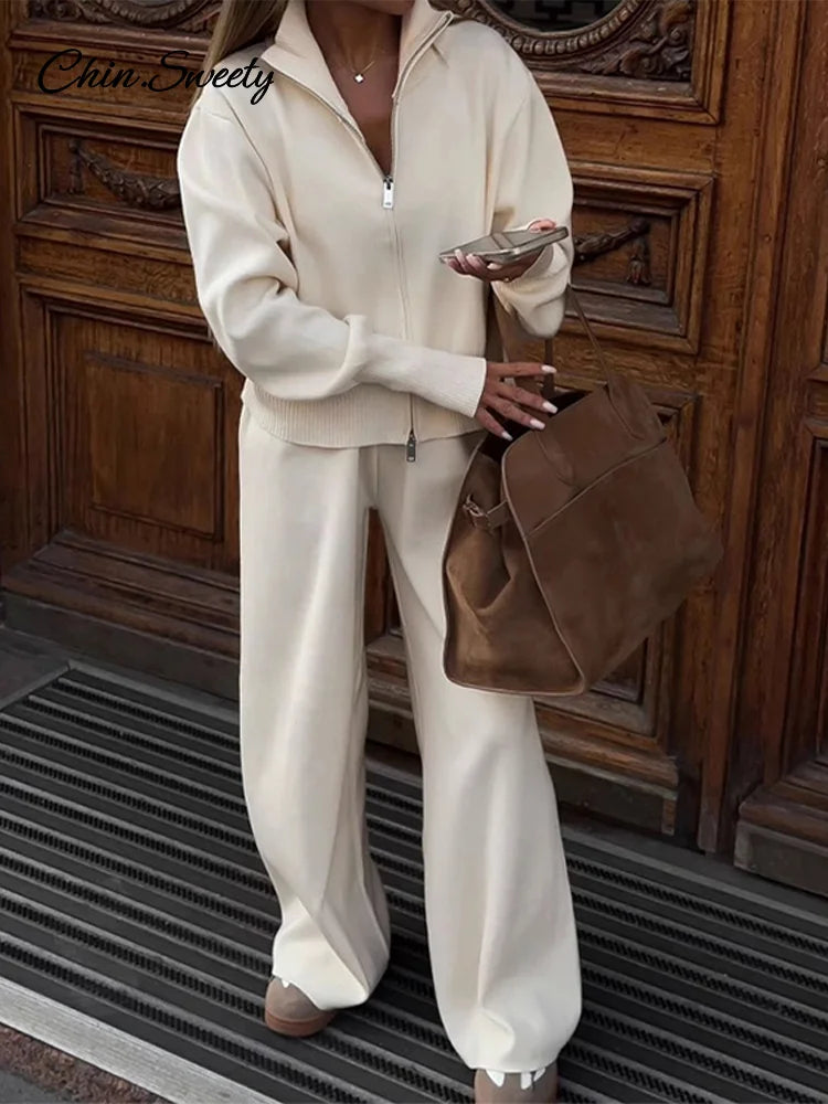Knitted Pants Sets Stand Collar Zipper Cardigan Loose High Waist Pants Suits Autumn Winter New in Matching Outfits