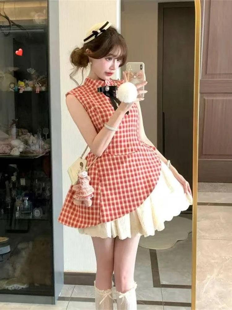 Woman Sweet Sleeveless Y2k Mini Dress Patchwork Japanese Style Red Plaid Dress Party Korean Slim Dress Summer