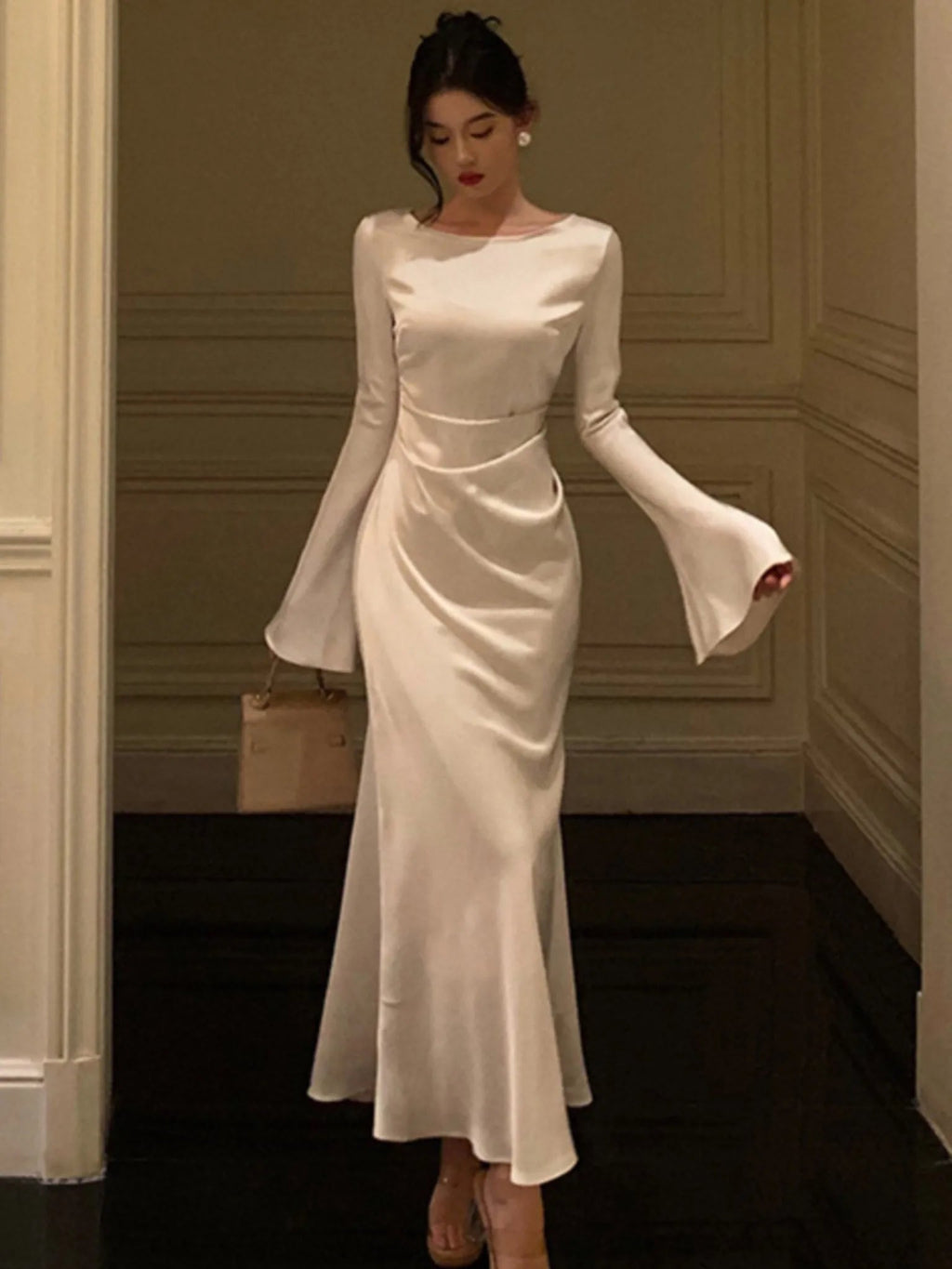 Flare Sleeve Wedding Mermaid Long Dress Spring Autumn French Slim One Piece Party Robe Mujers Clothes
