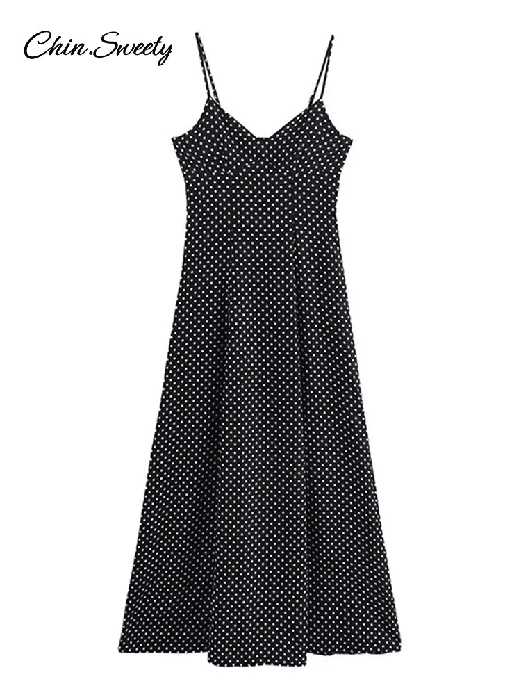 Dot Strapless Maxi Dress Pleat V-neck Sleeveless Backless High Waist A-line Dresses Summer Vacation Robes New