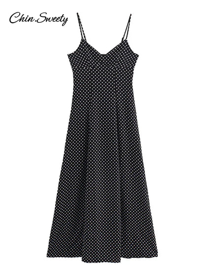 Dot Strapless Maxi Dress Pleat V-neck Sleeveless Backless High Waist A-line Dresses Summer Vacation Robes New