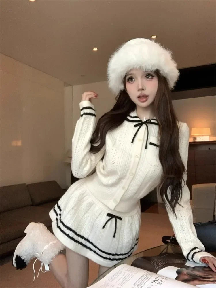 Two Piece Sets Bow Turn Down Collar Patchwork Cropped Cardigan Knitted Sweater Slim Stretch Mini Skirts Sweet Suits