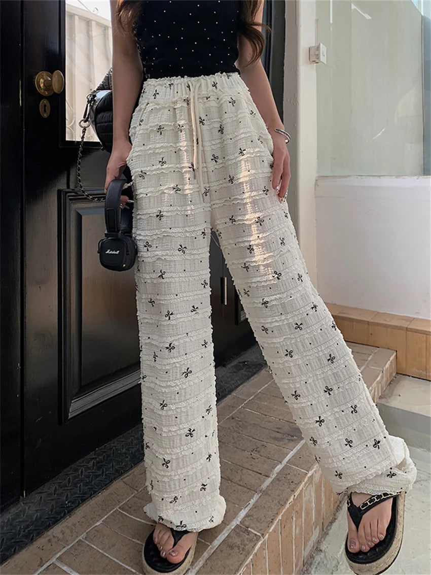 Printed Lace Pants Summer High Waist Loose Slim New Straight Office Lady Daily