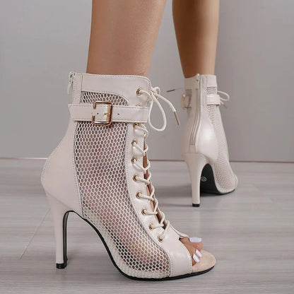 New Show Net Fabric Cross Strap High Heel Sandals Woman Shoes Pumps Laceup Peep Toe Sandals Mesh