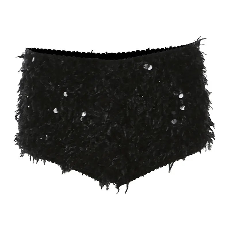 Spicy Girl Black Low Waist Shorts Summer New Glitter Furry Slimming Ultra Short Hot Pants for