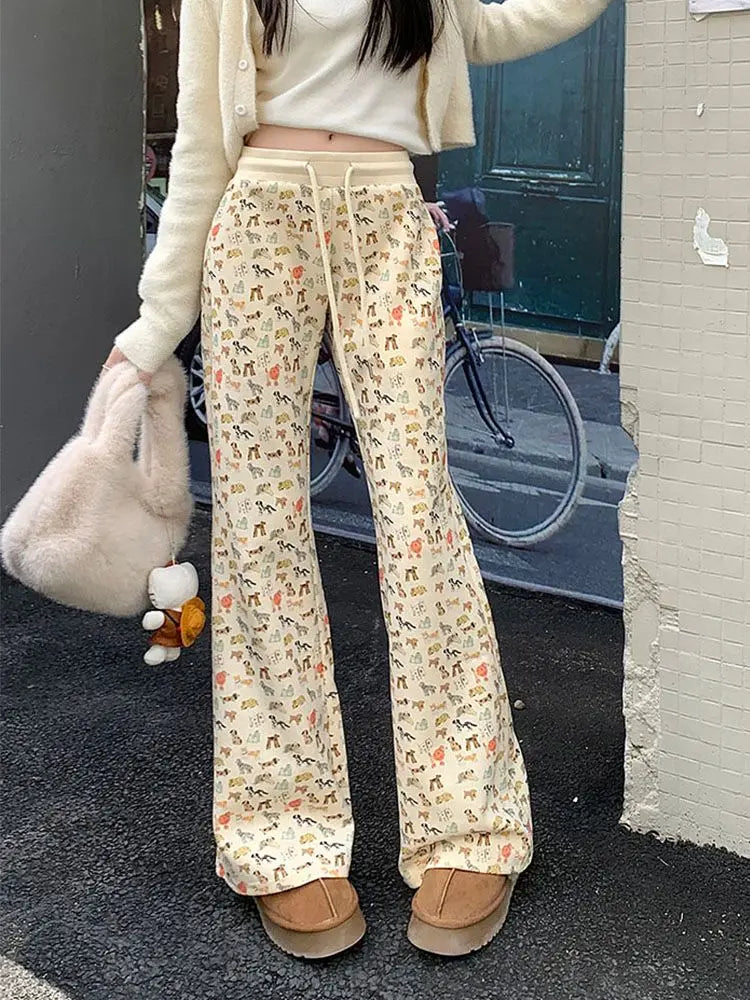 Puppy Print Sweat Y2k Pants Female Autumn Winter Plus Fleece High Waisted Slim Rope Flared Straight Leg Pants