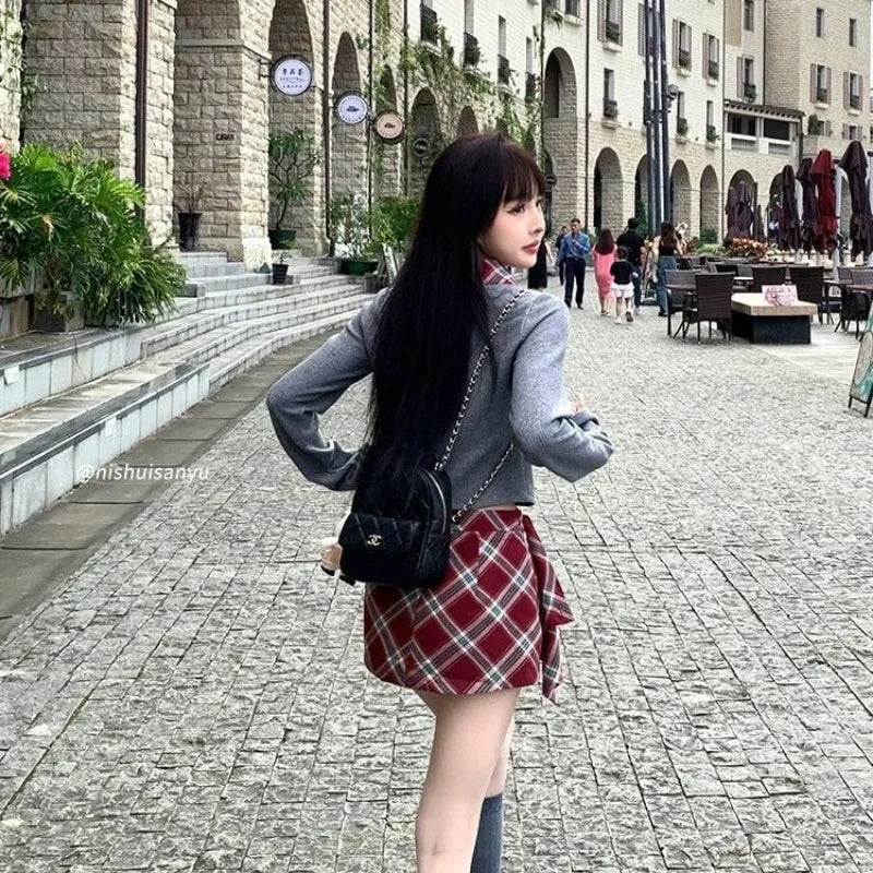 Sweet Hot Girl College Style Suit Autumn Laceup Patchwork Sweater Plaid Pleated Skirt Twopiece Set Female Clothes