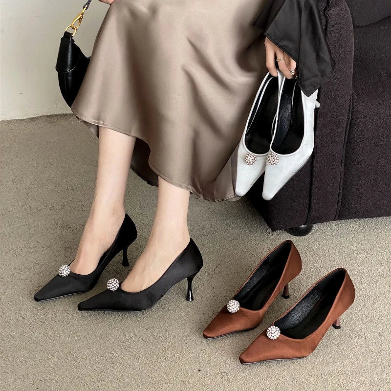 Silk Rhinestone High Heels Pointed Toe Pumps Office Shoes Female Shallow Brand Banquet Dress Shoes