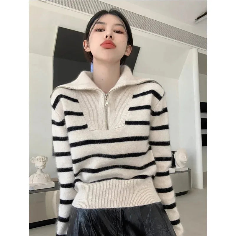 ’s Striped Sweater Zip Thick Fall Loose Turtleneck Knit Jumper Turn-down Collar Oversize Sweaters