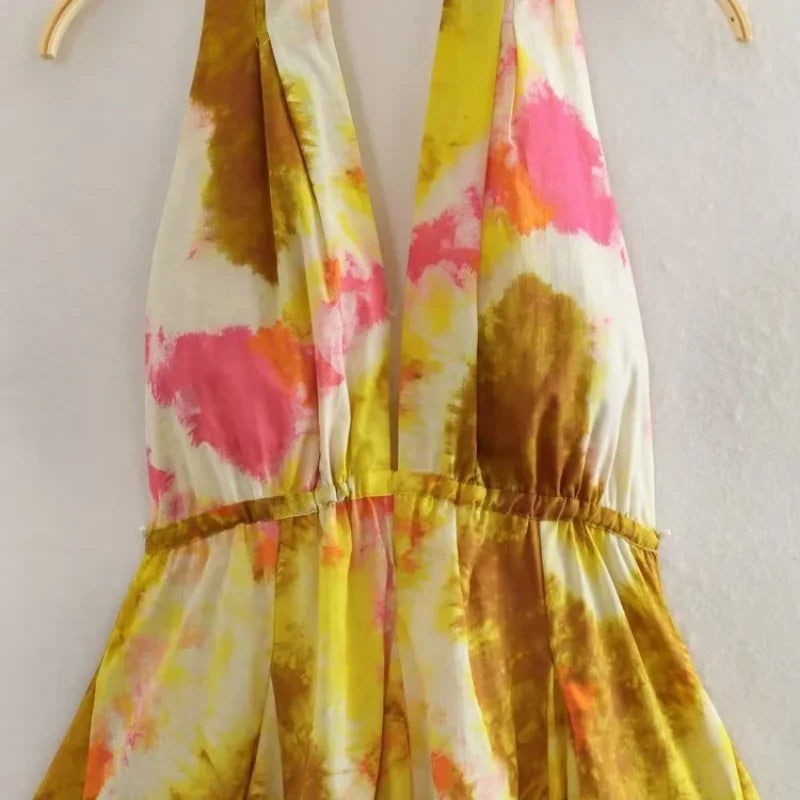 Summer Print Dress New Vacation Style Sleeveless Mini Dress Backless High Street Bodycon Dress