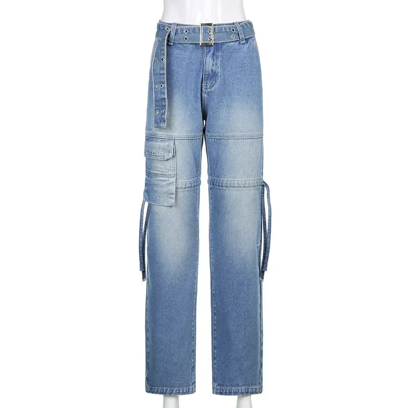 Y2k Street Retro Jeans Midiwaist Belt Drawstring Straight Pants Patchwork Style