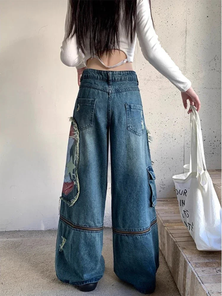 Blue Washed Cargo Jeans Ripped Wide Leg Denim Pants Zipper Oversized Y2k Hip Hop Graffiti Baggy Bottoms