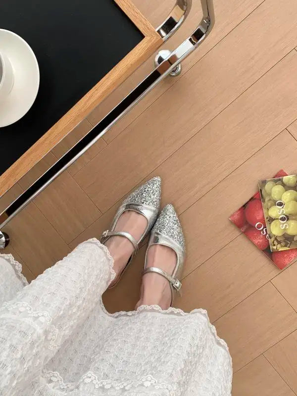 Shoes Woman's Slippers Pointed Toe Slides Silver Cover Flat Scandals Bling Slippers Shoes Cover Toe S