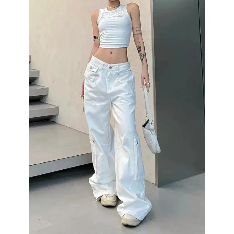 Baggy Cargo Jeans Woman Korean Harajuku Wide Leg Denim Pants Basic White Trousers