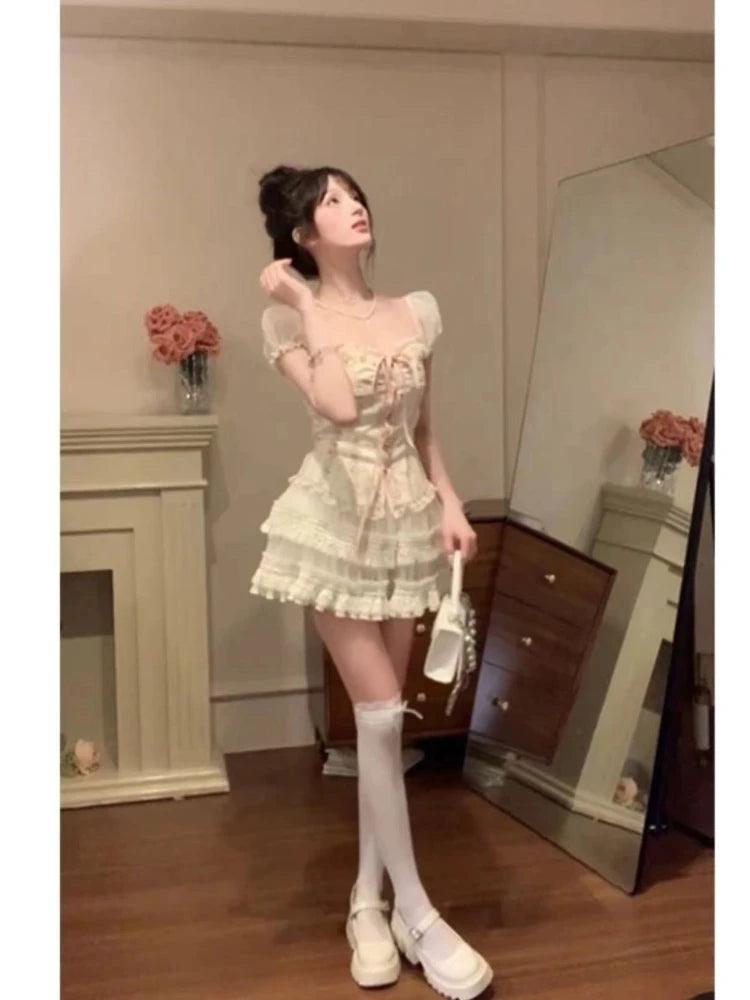 2000s Japanese Kawaii Suits Lolita 2 Piece Skirt Set Even Party Clothing Y2k Crop Top Blouse + Slim Skirts