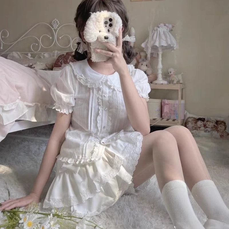 Fairy Skirt Summer Japanese Soft Girl Bow High Waist Cake Skirt Lace Short Skirt Student Versatile Half Skirt