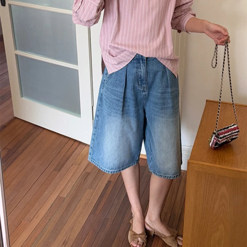 Washed Denim Wide Leg Shorts Summer Loose High Waist Blue Straight Half Pants Female