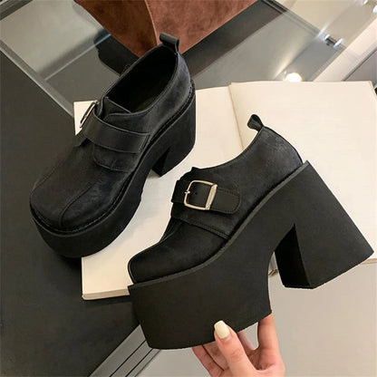 Chunky Platform Buckle Strap Pumps Street Style Round Toe Very Square High Heels Stripper Club Female Shoes