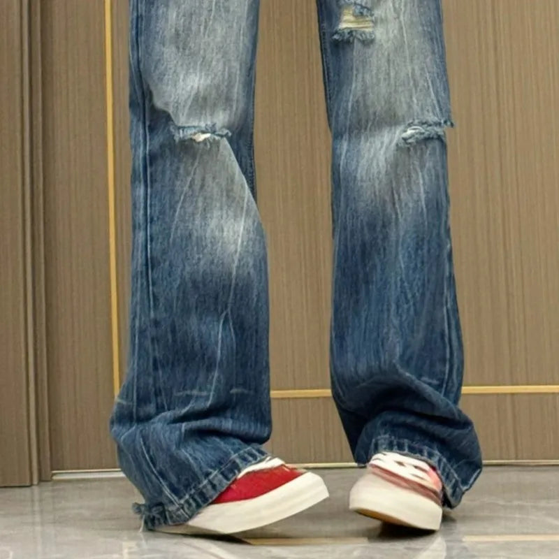 Denim Pants Blue Holes Spring Autumn Y2k Pantalones De Mujer Korean Trousers