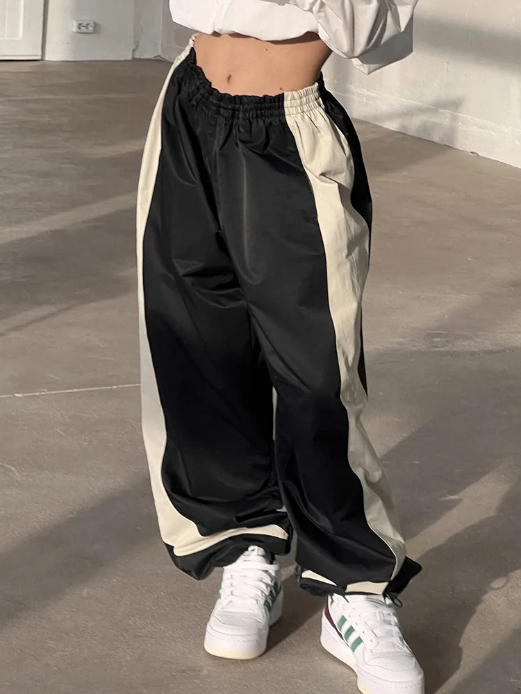 Contrast Patchwork Track Pants Elastic High Waist Loose Hippie Baggy Trousers Woven Jogging Sweatpants