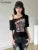 Letter Print Tops Classic Incline Shoulder Short Sleeve Crop T-shirts Summer Wild Street Tees