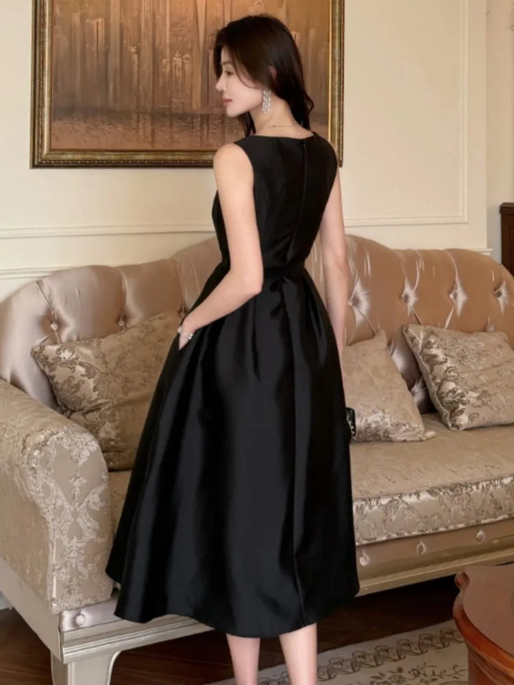Black Midi Dress for Hepburn Style Sleeveless Evening Party Dresses Summer Aline Vestidos Robe New