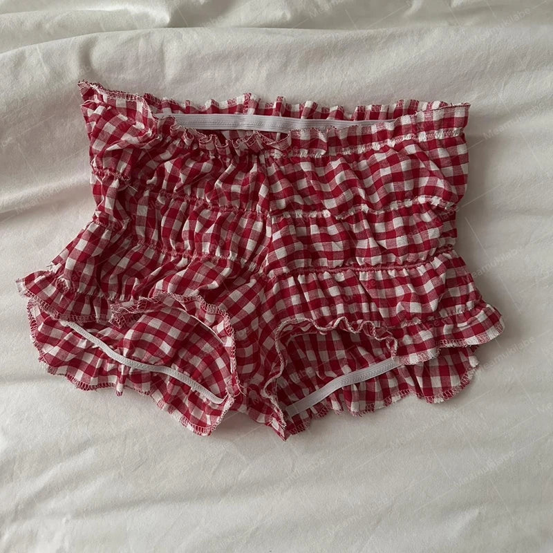90s Cottage Plaid Shorts Elastic Slim Fit Bloomers Pants Kawaii Loungewear Fairy Retro Y2k Knickers Bottom