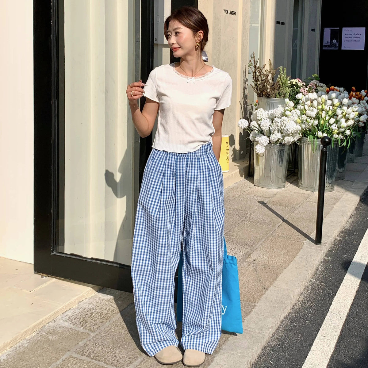 Plaid Wide Leg Pants Pockets Sping Summer High Waist Straight Loose Trousers Female